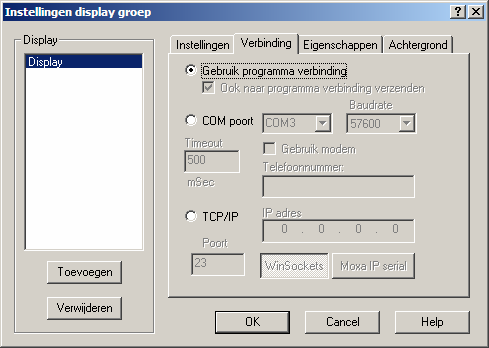 8.2. Verbinding Het tabblad Verbinding (zie afbeelding) bevat de communicatie-instellingen van een display. Hier wordt ingesteld hoe de computer dient te communiceren met het display.