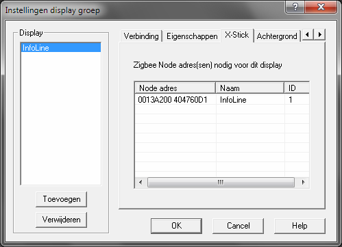 Indien een display uitgevoerd is met een ZigBee module en er een ZigBee X-Stick module bijgeleverd is kan deze ingesteld worden bij het tabblad verbinding.