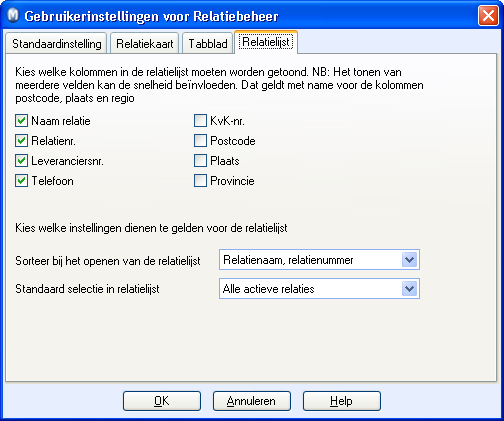 RELATIEBEHEER Tabblad Hier kunt u aangeven welke tabbladen bij de relatiebeheerkaart zichtbaar zullen zijn door te klikken op de afvinkvelden voor de verschillende tabbladen.