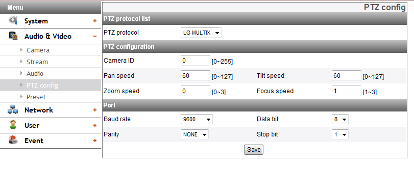 Audio PTZ config (optie) Audio In > > Enable: Activeert een aankruisvakje wanneer u vanaf de microfooningang een geluidssignaal verstuurt.