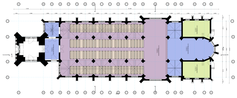 ongeveer 900 m 2 en een inhoud van ongeveer 12.700 m 3. De hoogte van vloer tot gewelven in het middenschip is ongeveer 18 meter in de zijbeuken ongeveer 10 meter.