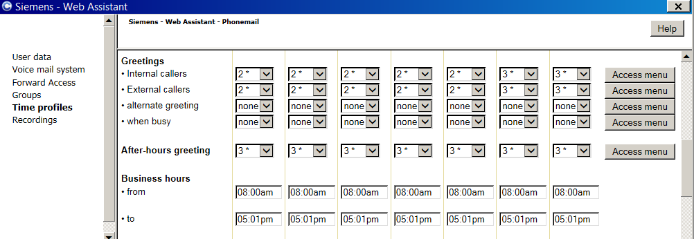 Voicemail standaard instellingen Voicemail standaard instellingen Via de menu s voicemail Voicemail Settings Time profiles kan je de huidige instellingen bekijken.