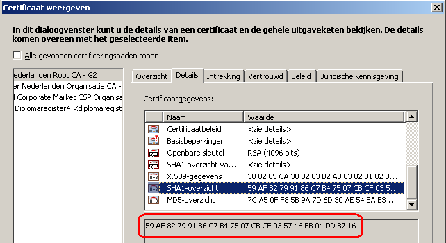 Stap 3 Controleer de certificaatdetails Klik op Certificaatdetails (zie het blauw gekleurde veld in de vorige afbeelding) om de detailgegevens van het certificaat te kunnen bekijken.