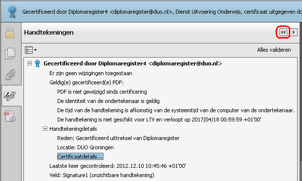 Door op het dubbele pijltje naar links te klikken zoals hieronder afgebeeld, wordt het venster met certificaatdetails weer gesloten.