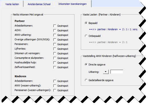 50 Het RekenProgramma 2013 Inkomsten toerekeningen Het tabblad Inkomsten toerekeningen is onderverdeeld in de kaders "Netto inkomen Met ongeval", "Vaste Lasten (Partner:Kinderen)" en "Vaststelling