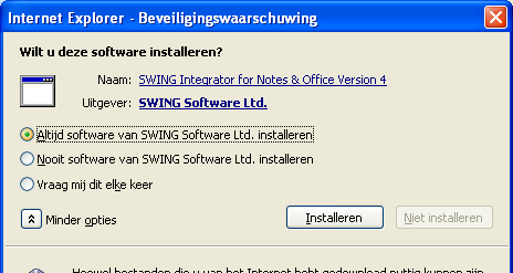 U krijgt dan een venster te zien met wat meer informatie. Klik op ❶ 'Meer opties'. Kies voor 'Altijd software van SWING Software Ltd. installeren'. Klik daarna op ❶ 'Installeren'.