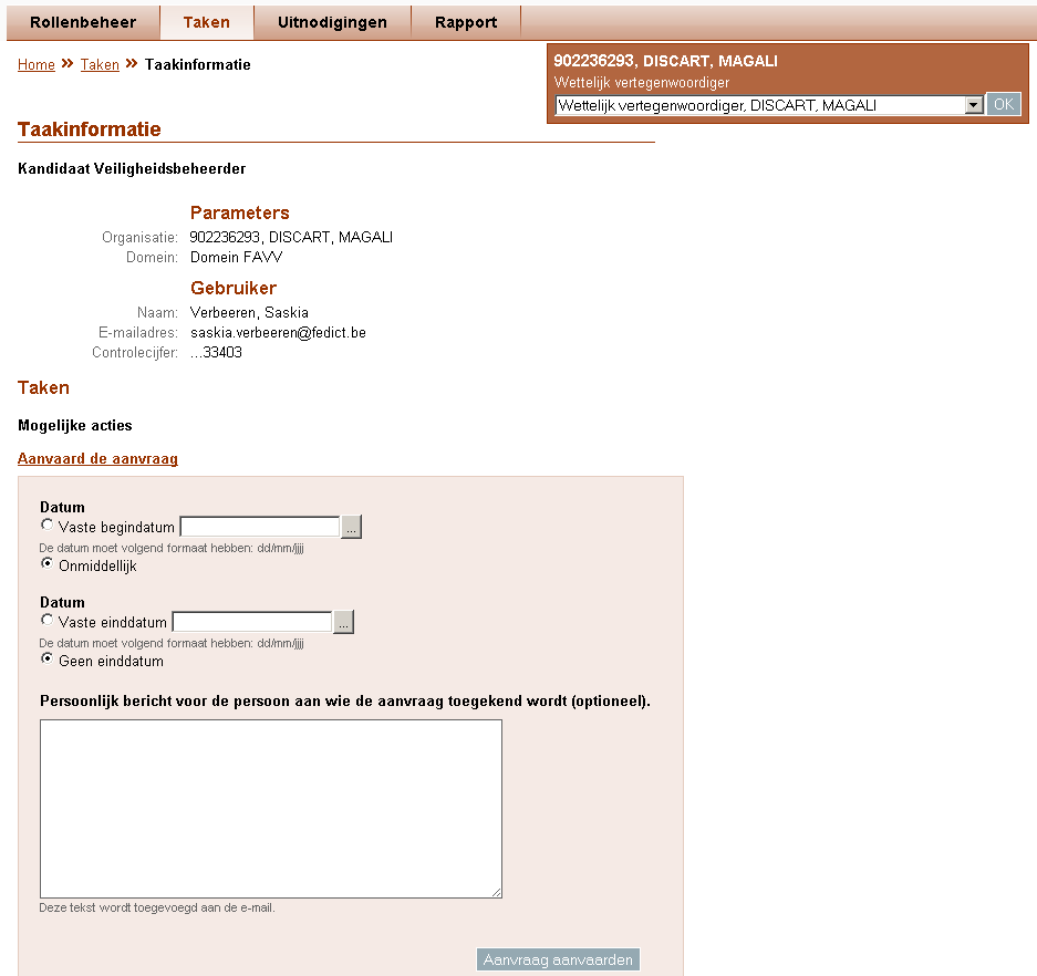 Figuur 20 Een aanvraag aanvaarden Vergeet niet om op het einde te klikken op de knop Aanvraag aanvaarden.