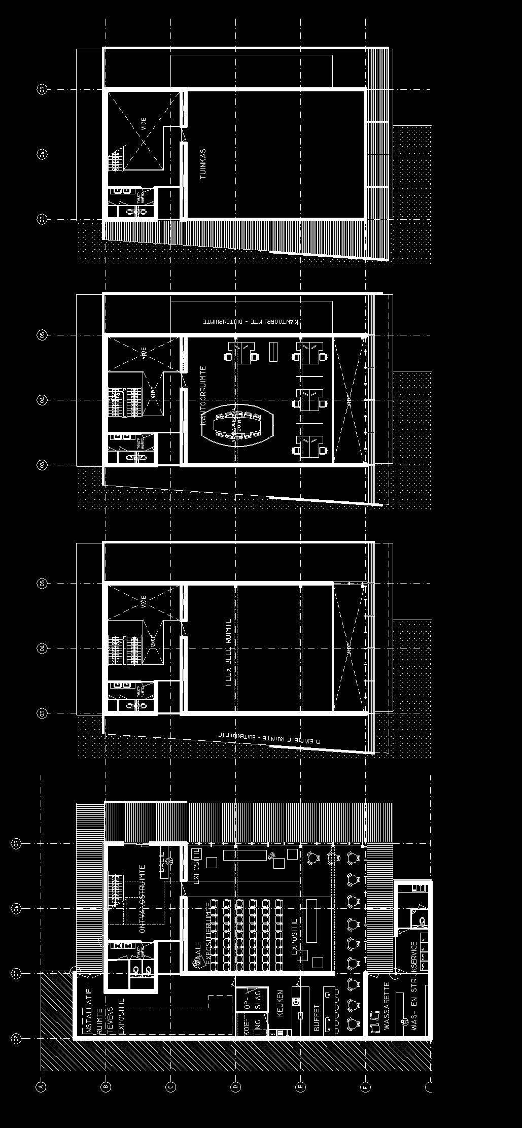 De plattegronden Deze plattegronden zullen een overzicht geven over de indeling van het gebouw. De buitenwanden zijn massief gearceerd. De lichte belijning geef de schil aan.