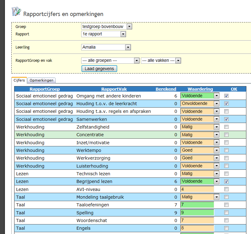 O. Alle rapportgegevens van 1 kind Kies 1 leerling en vul geen rapportgroep en vak in. Berekend: Het gemiddelde cijfer. Waardering: Hier komt de waardering zoals deze op het rapport wordt weergegeven.