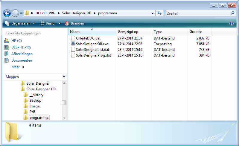 De bestanden van het programma. Het programma heeft vier bestanden. Data bestand t.b.v. de gegevens installateur Data bestand t.b.v. het programma Het programma wordt gestart door op het bestand SolarDesignerDB.