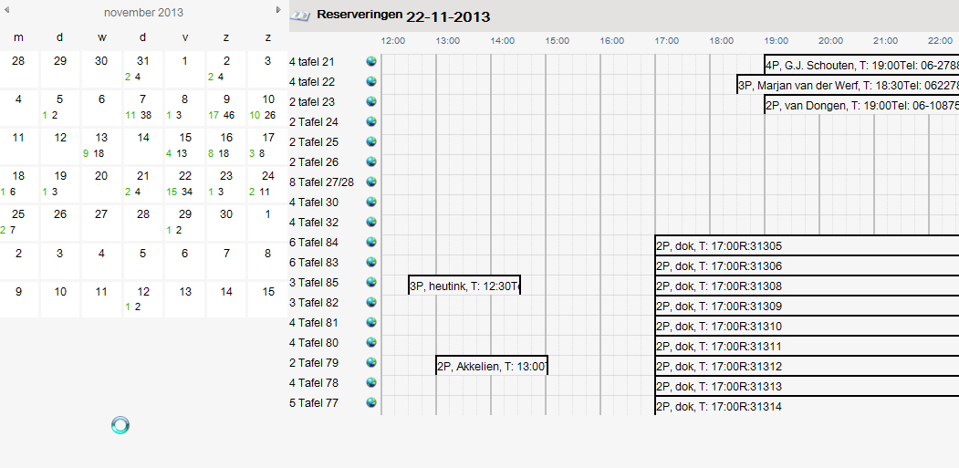 6. MENU ZOEKEN Zoeken werkt hetzelfde als agenda. Echter standaard wordt links een speciale kalender getoond. In deze kalender staan de reserveringsresultaten per dag genoemd.