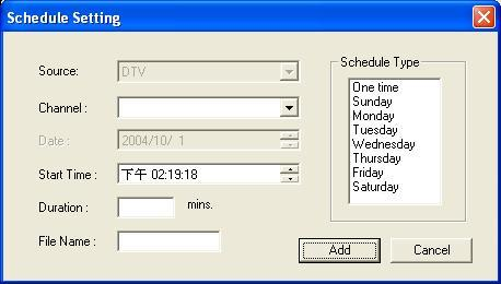 Selecteer eerst het Schedule Type aan de rechterzijde van het scherm. Klik op One time indien het gaat om een eenmalige opname.