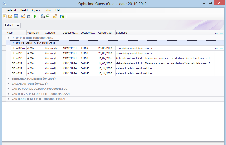 OPHTALMO QUERY (STATISTIEK MODULE) Statistische module om klinisch onderzoek te verrichten op uw databank Maak een selectie van uw patiëntpopulatie op een combinatie (EN OF) aan de hand van volgende