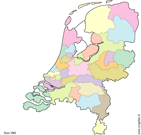 concessiehouder is voor meerdere zorgkantoren. De kaart in figuur 2.1 geeft de 32 regio s weer. Figuur 2.1. Indeling in zorgkantoorregio s Het zorgkantoor heeft een zorgplicht voor alle cliënten die woonachtig zijn in de regio.