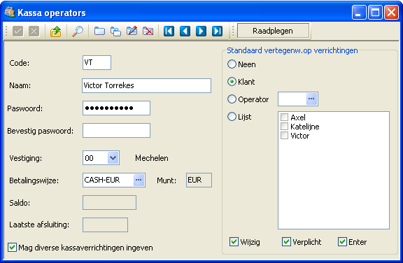 3.2 Kassa operators De operator stelt eigenlijk de logische kassa voor. De operator is eigenlijk de werknemer onder een gebruiker (d.i. de eigenlijke kassa) per vestiging.