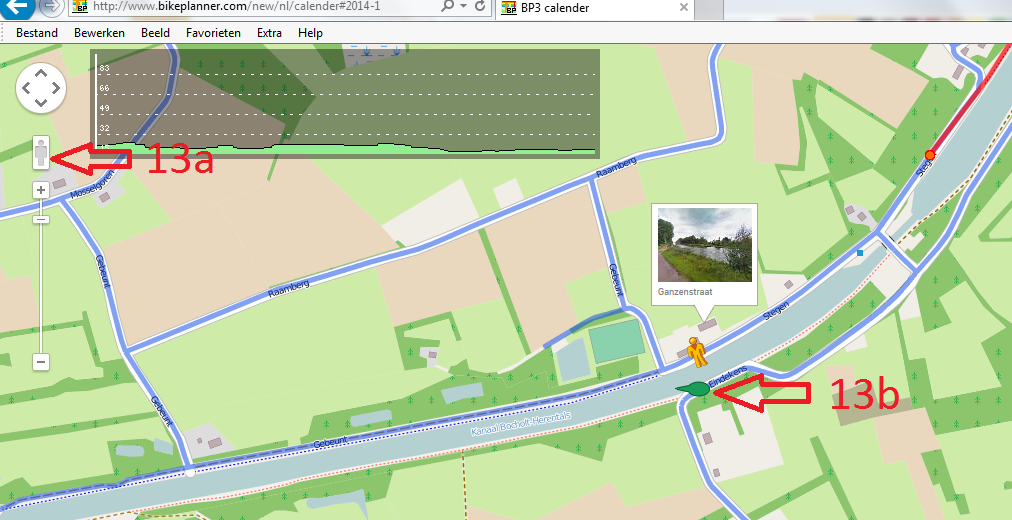 Wanneer je nu twijfelt of een bepaald pad wel verhard is, kan je met het Google-Streetviewmannetje (13a) de weg trachten te bekijken.