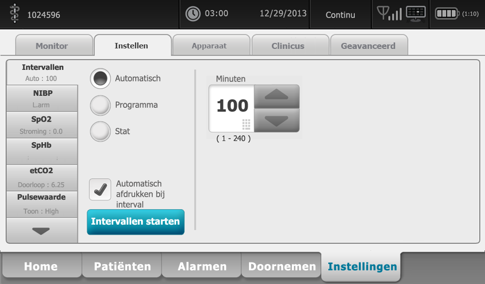 134 Patiëntbewaking Welch Allyn Connex Vital Signs Monitor 6000 Series Opmerking Intervallen worden bij een alarm niet uitgeschakeld.