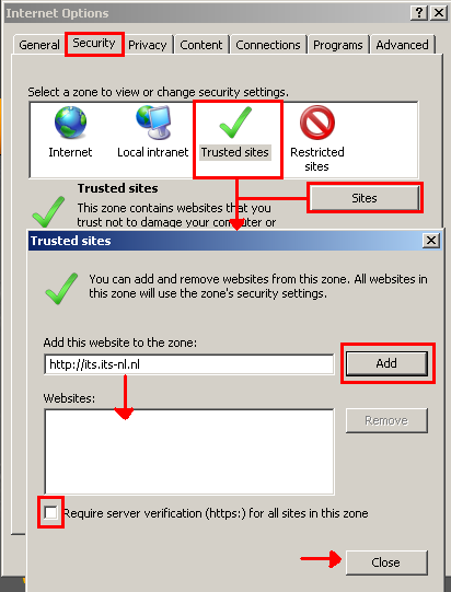 Klik op het tabblad Security op Trusted sites en klik op sites. 5.