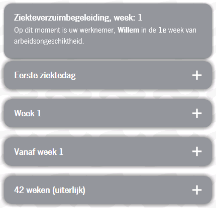 5. Ziekteverzuimbegeleiding Na een keuze te hebben gemaakt in het hoofdscherm loopt u door de actiepunten van de Wet Verbetering Poortwachter. Elke mijlpaal heeft zijn eigen scherm.