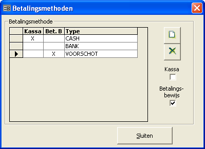 Menu Extra 113 Betalingsmethoden Door voor een item "Kassa" aan te vinken, wordt een betaling met deze methode meegerekend in het bijhouden van de Kassa.