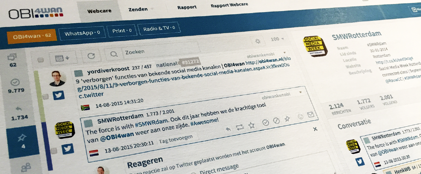 OBI4Wan Monitoring Analytics Engagement Publishing OBI4wan is sterk in de combinatie engagement en publishing, vooral op het gebied van reputatiemanagement en crisisbeheersing.
