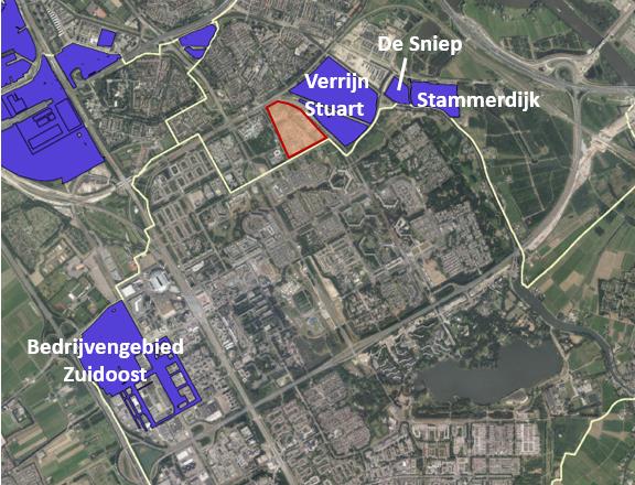 Figuur 12 Ligging van bedrijventerreinen (paars) en Holland Park (rood) in het onderzoeksgebied Bron IBIS, bewerking Bureau Stedelijke Planning Huidig aanbod In het onderzoeksgebied stond op 30