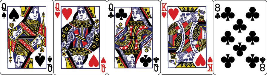 Full House: drie dezelfde plus twee dezelfde kaarten, zoals drie Vieren en twee Achten. Wanneer er twee spelers een Full House hebben wint de speler met de hoogste drie gelijke kaarten.