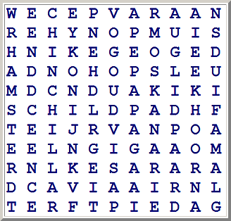 Dierenzoeker Alle onderstaande woorden zitten horizontaal, verticaal of diagonaal verstopt in de puzzel.