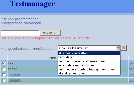 Figuur 11: Het controleren van de status van afname Deze opties zijn beschikbaar wanneer je doorklikt vanop het beginscherm naar de lijst van deelnemers.