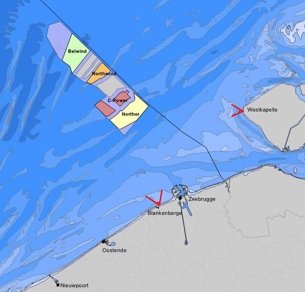 1: Ligging zichtspunten Blankenberge en Westkapelle en windparken van het cumulatief scenario Door de combinatie van meerdere windparken zal een zekere verdichting van de zone in het gezichtsveld