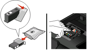Opmerking: de printerkop wordt naar de positie voor cartridge-installatie verplaatst. 3 Druk op het ontgrendelingslipje en verwijder de gebruikte inktcartridge of -cartridges.