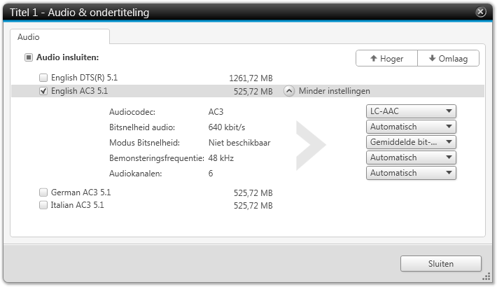 Videoschijven opnemen Grootte Compressie Audio Ondertitel Hier wordt het uitvoerformaat weergegeven. Toont de uitvoerkwaliteit of past deze aan als een percentage van de originele kwaliteit.