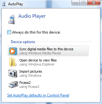 3. Kies Sync digital media files to this device, Windows Media Player zal