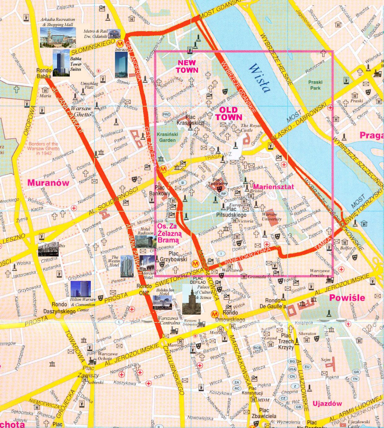 A: Novotel Centrum B: Naar het vliegveld C: Naar de sporthal D: Cultuurpaleis, Metro Centrum G E: Shopping, Ulica Chmielna, Carrefour, bars,