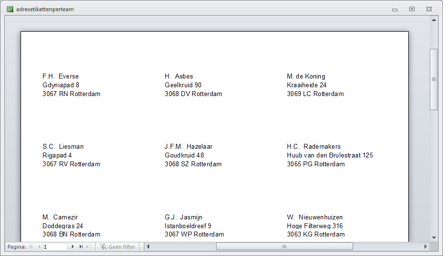 4. een handig sorteerveld, zoals bijvoorbeeld het teamnummer 5. een naam voor het rapport met etiketten, adresetikettenperteam.