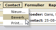 Afb. 34 5.6 Menu Contact In de menubalk onder Contact zijn indien de gegevens over een cliënt zijn ingevuld, de volgende menu s beschikbaar: Afb. 35 5.6.1 Nieuw Met behulp van de functie Nieuw onder het menu Contact kan men binnen het systeem een nieuw contact voor de geselecteerde cliënt aanmaken.