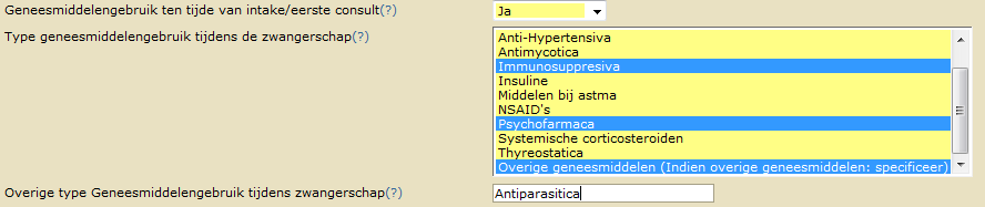 Afb. 98 Beschrijving velden: V G Geneesmiddelengebruik ten tijde van intake/eerste consult Geneesmiddelengebruik ten tijde van 1e consult in de zwangerschap. Incidentele medicaties uitgesloten. 1. Nee 2.