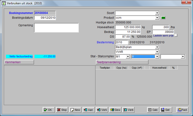 Eens dit geboekt zit de ccm als krachtvoeder in stock. Dan moeten we nog een verbruik uit stock boeken aan onze dieren om het op te gebruiken. Zie de opmerking in rood op het invulschermpje.