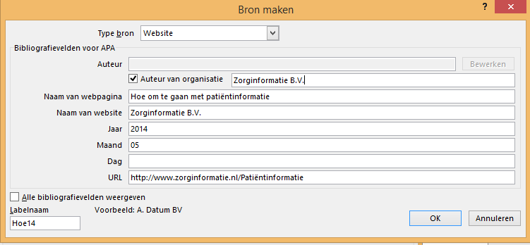 De optie om een bron toe te voegen aan de database kan als volgt gevonden worden: - Tabblad: Verwijzingen - Sectie: Citaten en bibliografie - Knop: Citaat invoegen - Optie: Nieuwe bron toevoegen Het