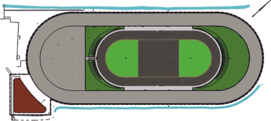 Figuur 5: 200m piste met talud 5.2. Opbouw onderlagen Een piste kent een bepaalde opbouw van de onderlagen. Hieronder een voorbeeld van de doorsnede van de wedstrijdbaan (b).