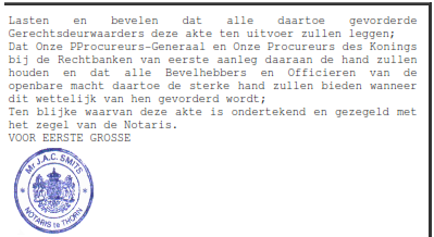 Koningsstempel op eerste blad van de grosse Registratiegegevens worden automatisch samengesteld obv het expeditieboek Registratie, en de achteraan de akte toegevoegd.