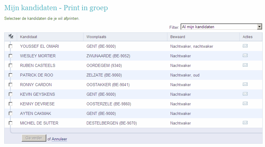 Printen Het is mogelijk om de cv's van de kandidaten in groep af te printen. Klik hiervoor op de link "Print".