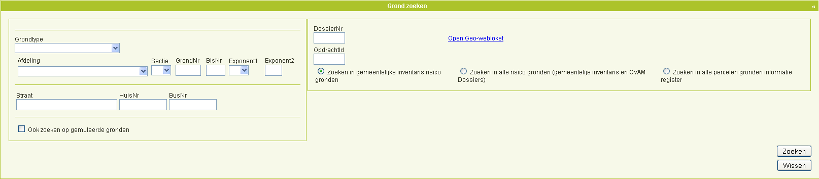 5.4 Geo-webloket Via de bovenste navigatiebalk 'zoeken percelen' komt u in onderstaand zoekscherm.