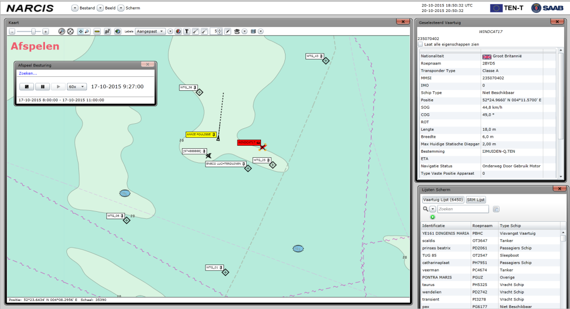 Datum/Tijd Zichtbaar NARCIS: -AIS klasse A -AIS klasse B SAR vaartuig Annie Poulisse (KNRM) MMSI 245686000 SAAB HITT AIS-B MMSI 974888888 17 oktober 2015, 09:27:00 uur (locale