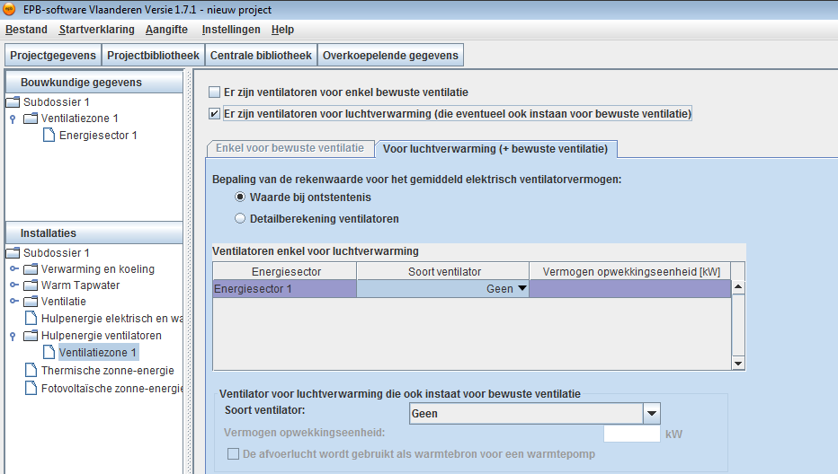 1 Hoe moet het elektrisch hulpenergieverbruik van de ventilatoren in ventiloconvectoren ingegeven worden in een EPW-project?