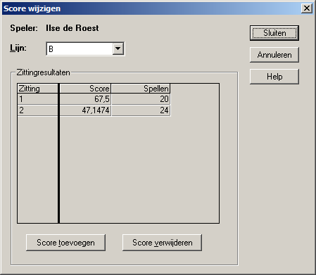 138 Hoofdstuk 6: De competitie Individuele competitiestand wijzigen In de individuele competitiestand kunnen rechtstreeks wijzigingen aan de scores worden aangebracht.