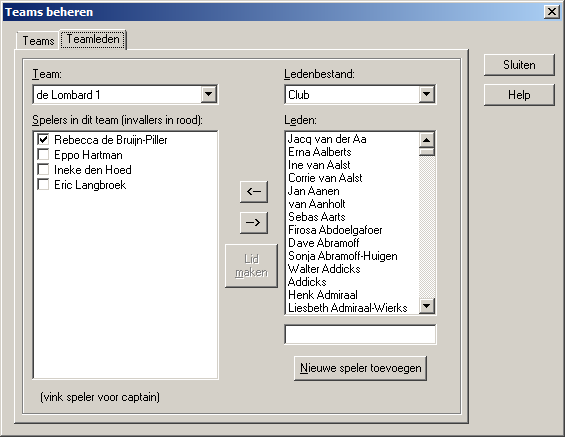144 Hoofdstuk 7: Viertallen Bovenstaand scherm toont de aanwezige teams en welke spelers in het geselecteerde team zijn ingedeeld.