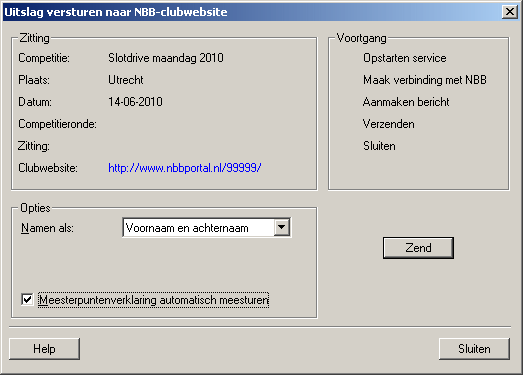 242 Hoofdstuk 12: Meesterpunten Versturen meesterpunten Ga naar menu Zitting à Versturen naar NBB-clubwebsite om de meesterpunten te versturen.