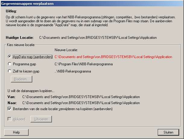 Appendix B 283 Locatie van de gegevensbestanden wijzigen De databestanden van het NBB-Rekenprogramma worden standaard in de map C:\Gebruikers \<uwgebruikersnaam>\appdata\local\nbb-rekenprogramma
