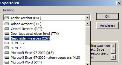 Appendix C Uitgangspunt is het Afdrukken/Exporteren scherm, zet daar het bolletje bij "Overig" Druk op "Exporteren".